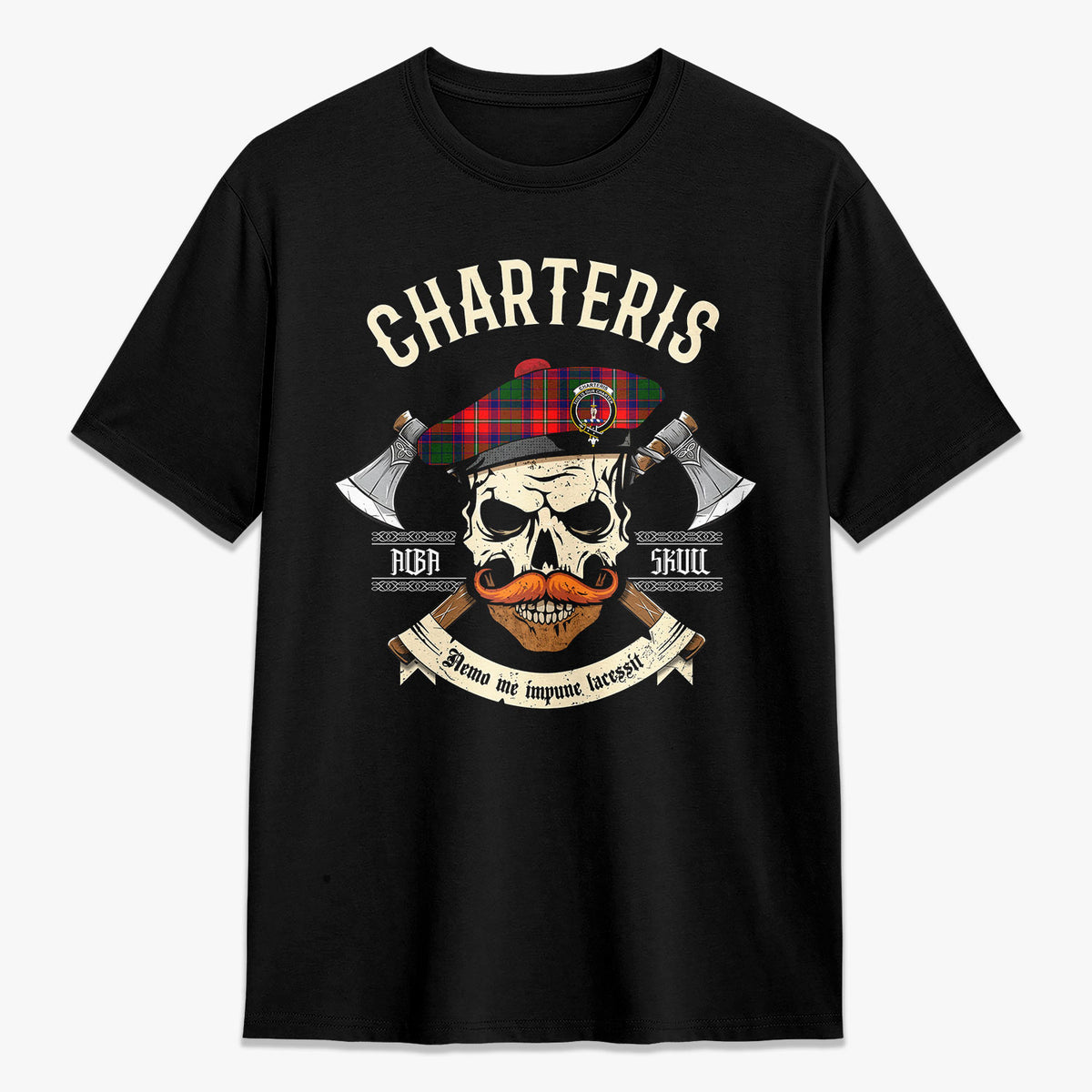 Charteris (Earl of Wemyss) Tartan Crest 2D T-shirt - Alba Skull Style