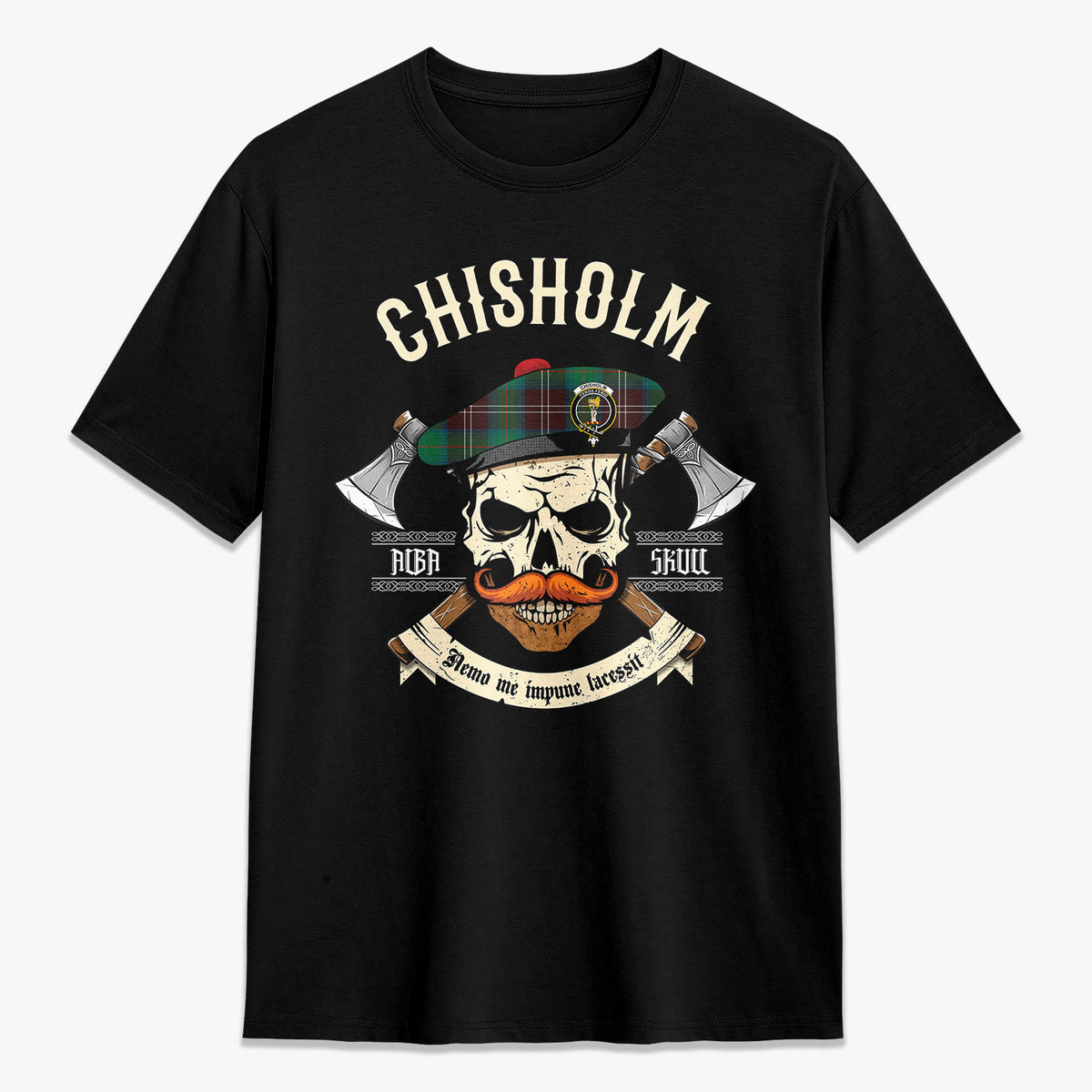 Chisholm Hunting Ancient Tartan Crest 2D T-shirt - Alba Skull Style