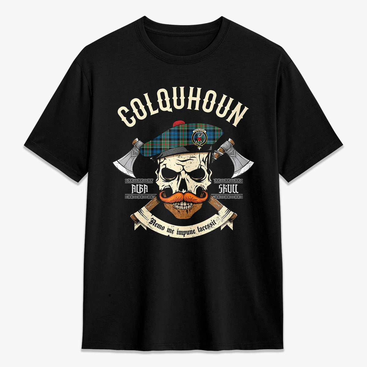 Colquhoun Ancient Tartan Crest 2D T-shirt - Alba Skull Style