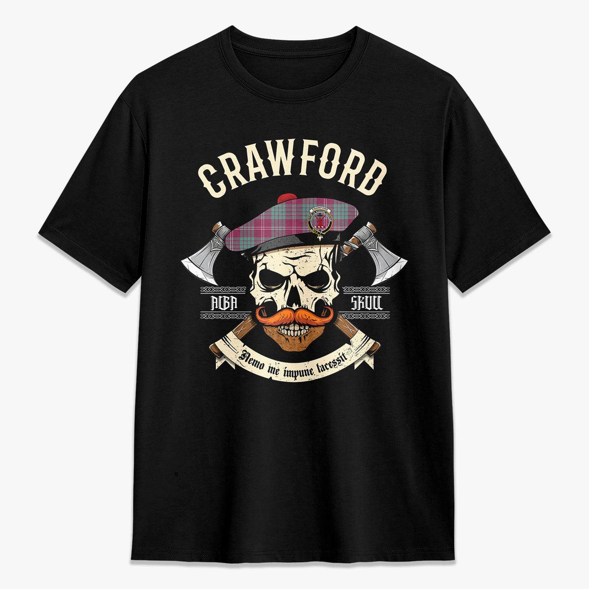 Crawford Ancient Tartan Crest 2D T-shirt - Alba Skull Style