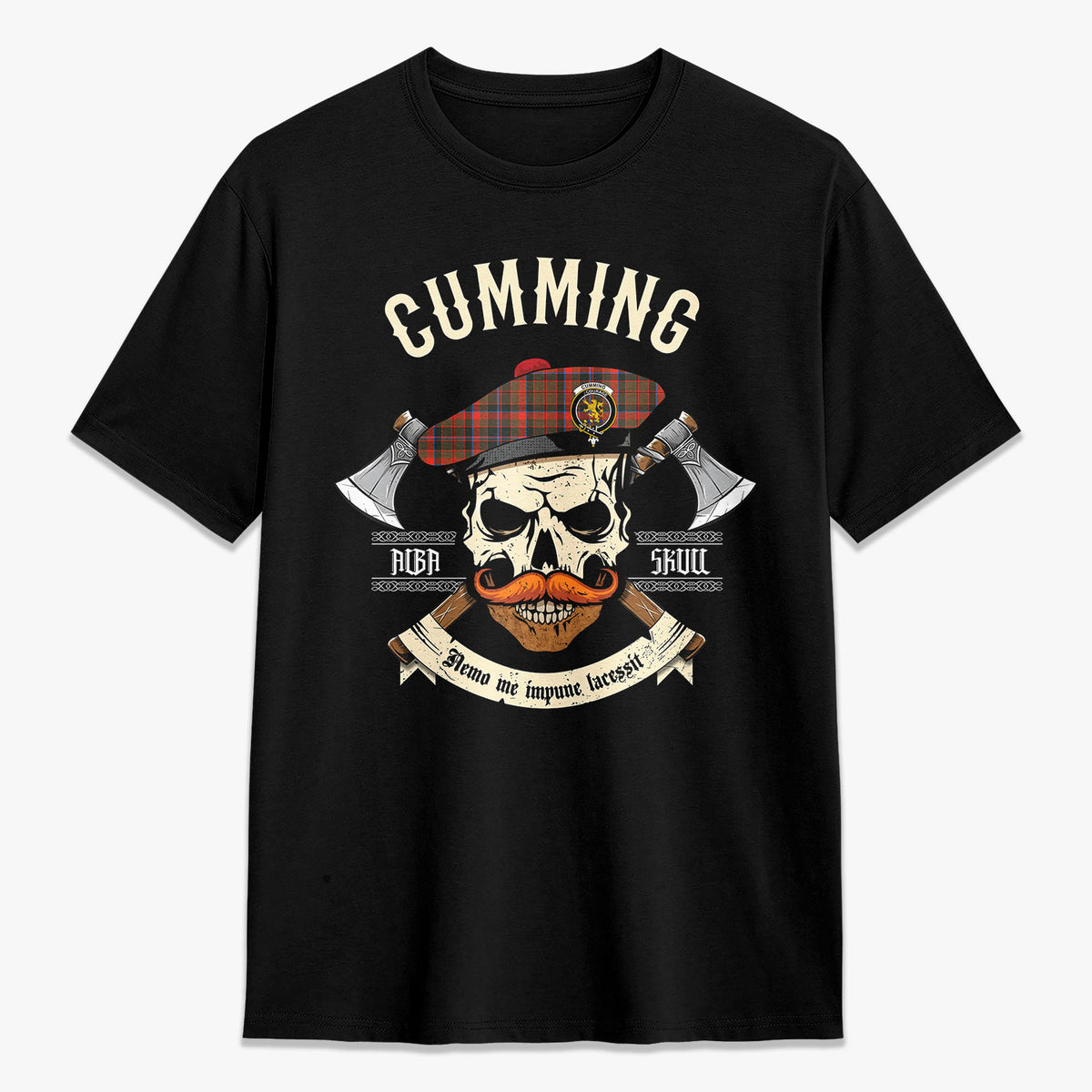 Cumming Hunting Weathered Tartan Crest 2D T-shirt - Alba Skull Style