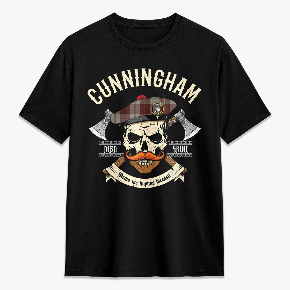 Cunningham Burgundy Dancers Tartan Crest 2D T-shirt - Alba Skull Style