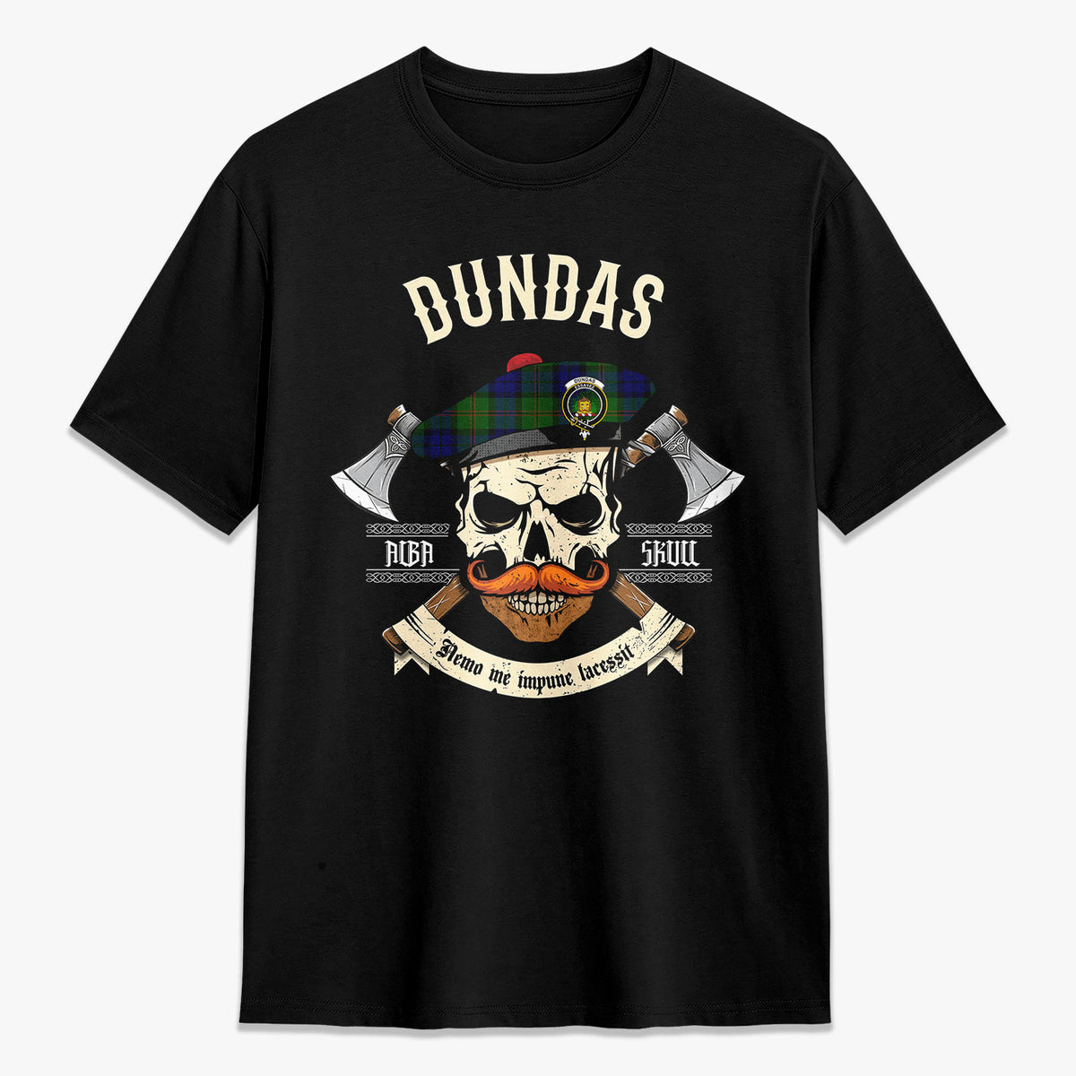 Dundas Modern Tartan Crest 2D T-shirt - Alba Skull Style