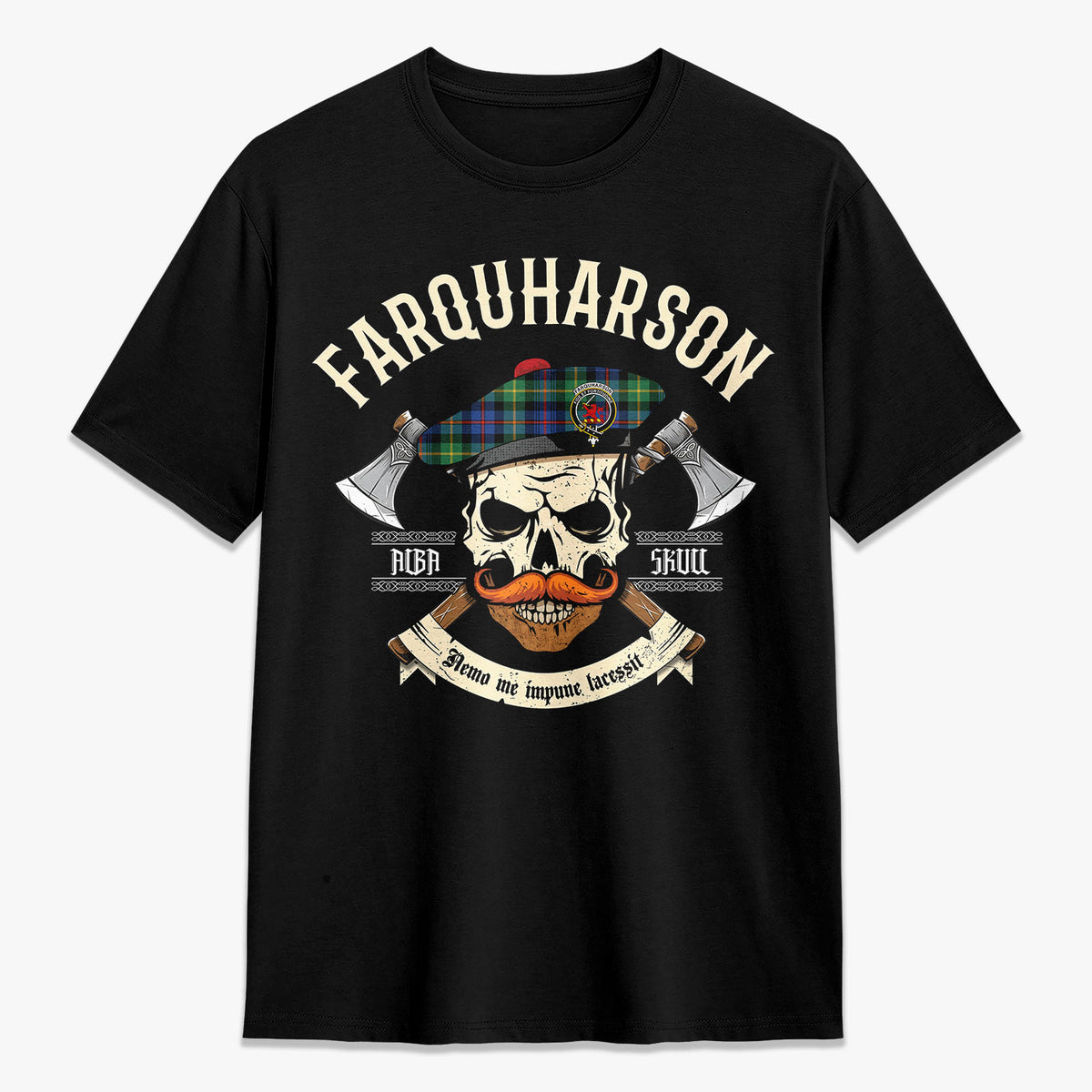 Farquharson Ancient Tartan Crest 2D T-shirt - Alba Skull Style