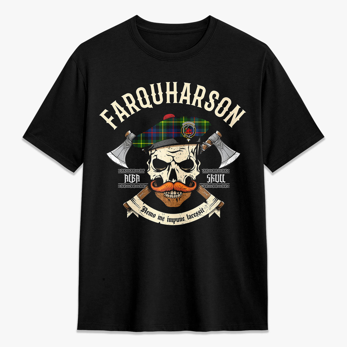 Farquharson Modern Tartan Crest 2D T-shirt - Alba Skull Style