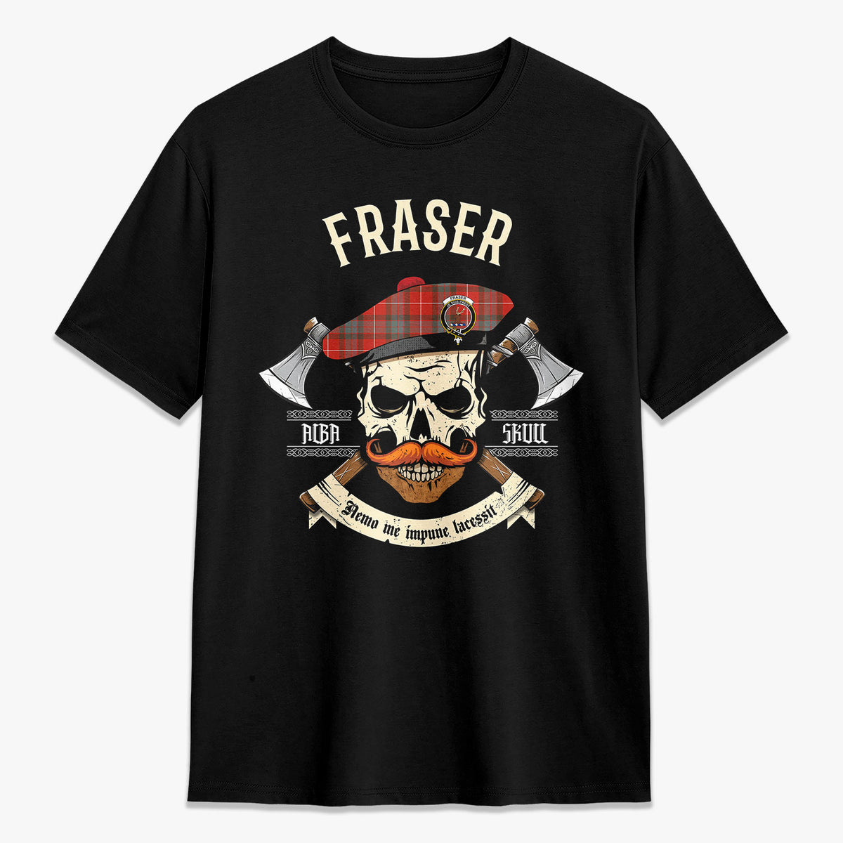 Fraser (of Lovat) Weathered Tartan Crest 2D T-shirt - Alba Skull Style