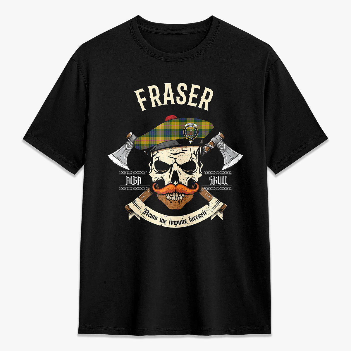 Fraser (of Lovat) Yellow Tartan Crest 2D T-shirt - Alba Skull Style