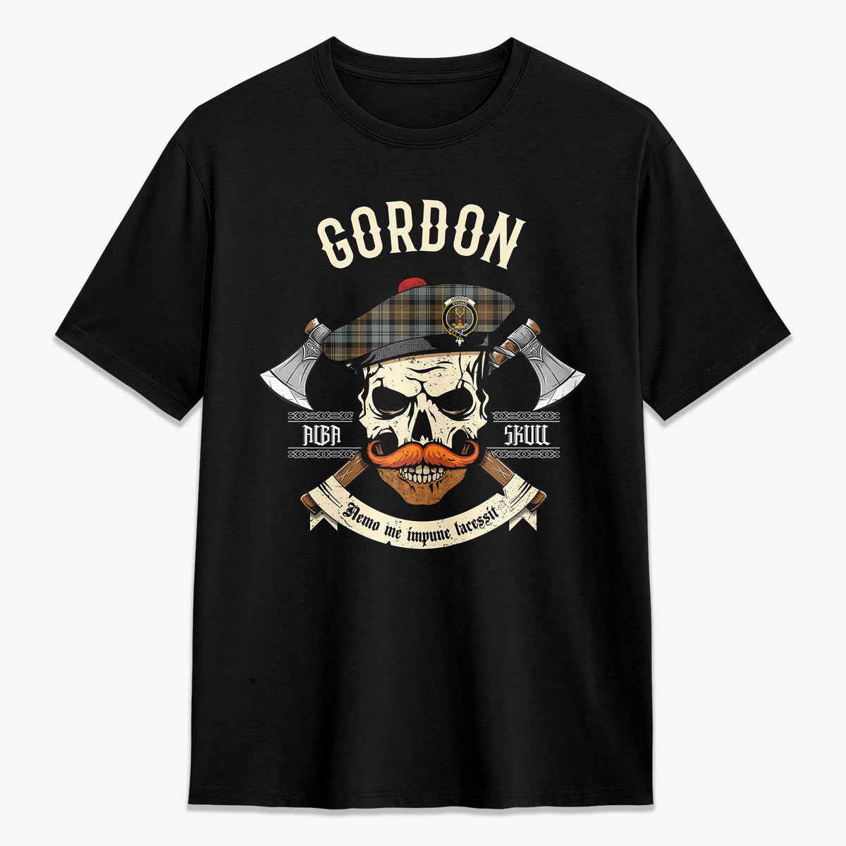 Gordon Weathered Tartan Crest 2D T-shirt - Alba Skull Style