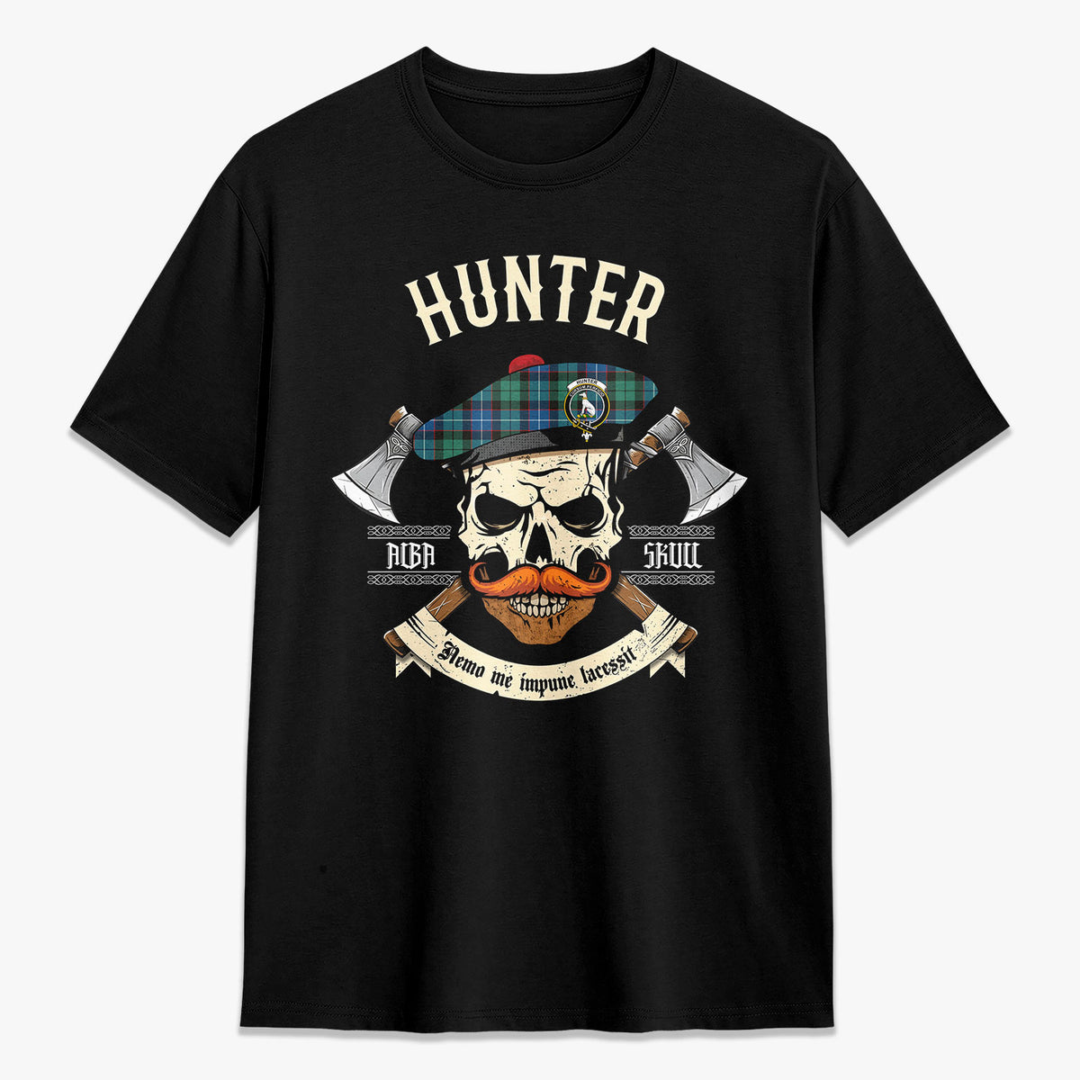 Hunter Ancient Tartan Crest 2D T-shirt - Alba Skull Style