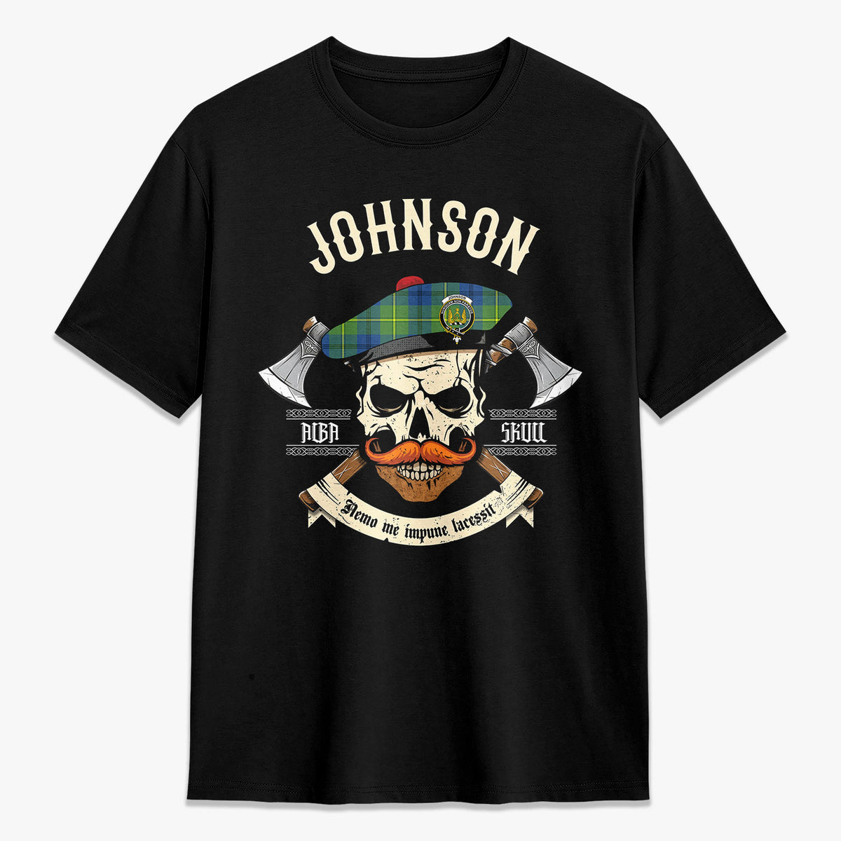 Johnson Ancient Tartan Crest 2D T-shirt - Alba Skull Style