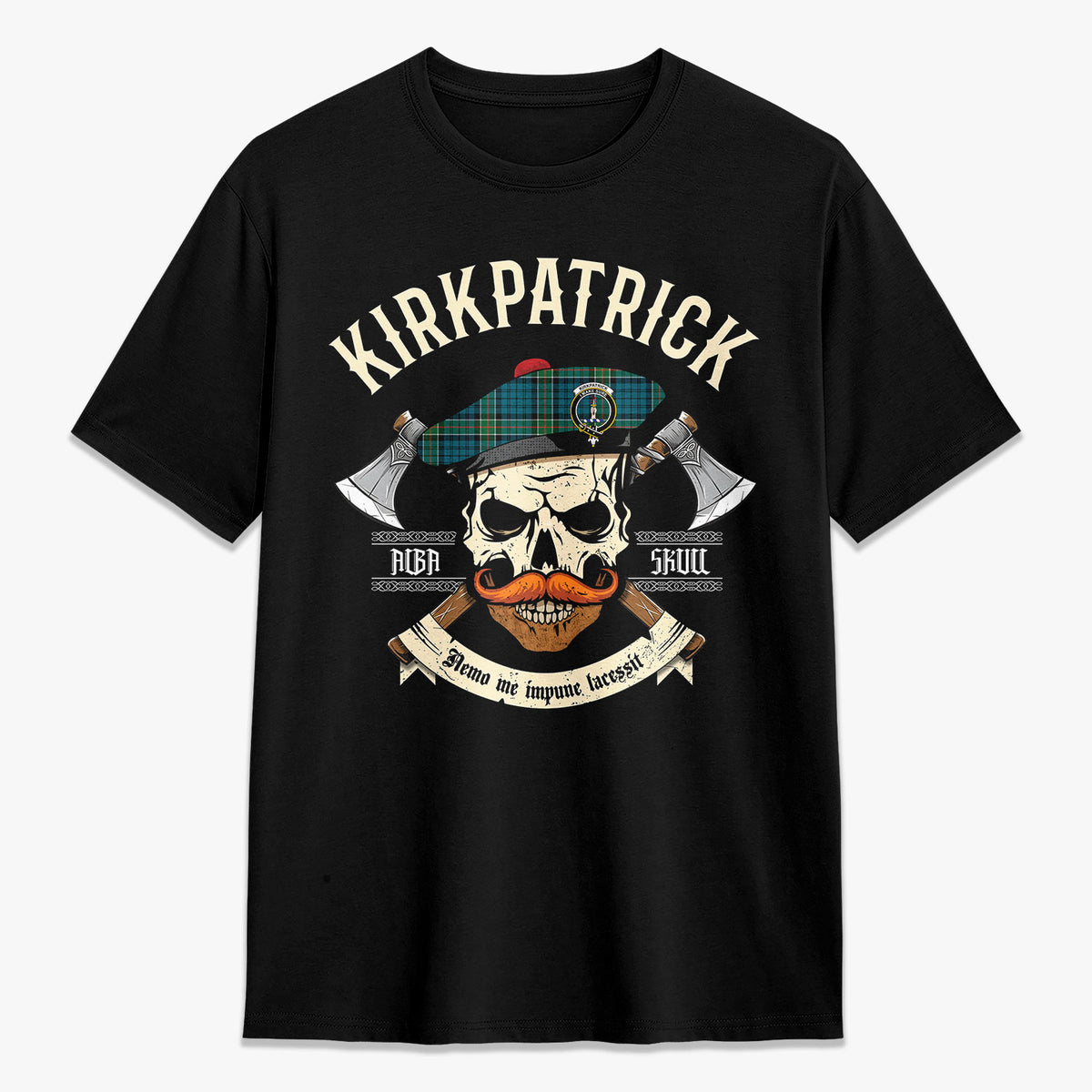 Kirkpatrick Ancient Tartan Crest 2D T-shirt - Alba Skull Style