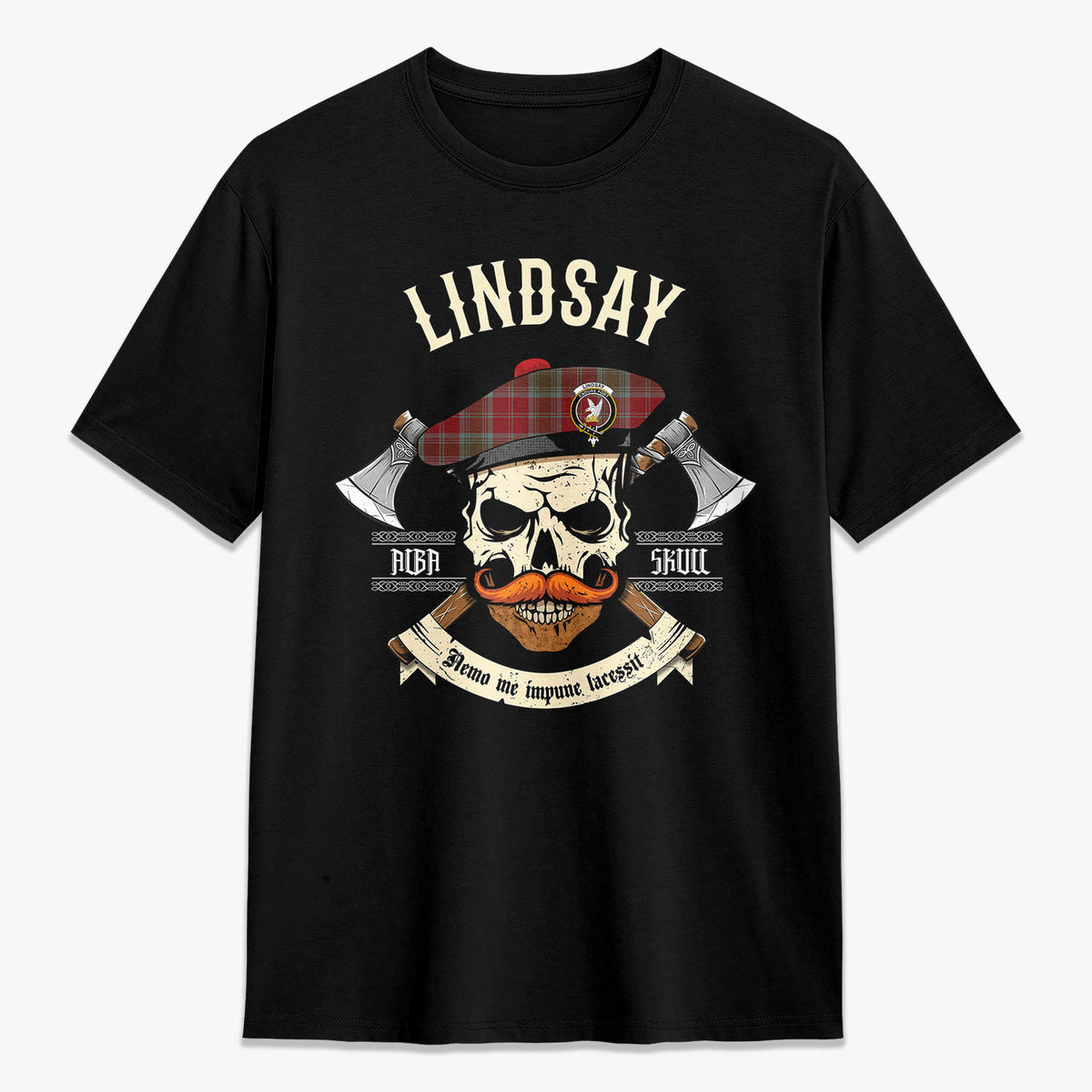 Lindsay Weathered Tartan Crest 2D T-shirt - Alba Skull Style