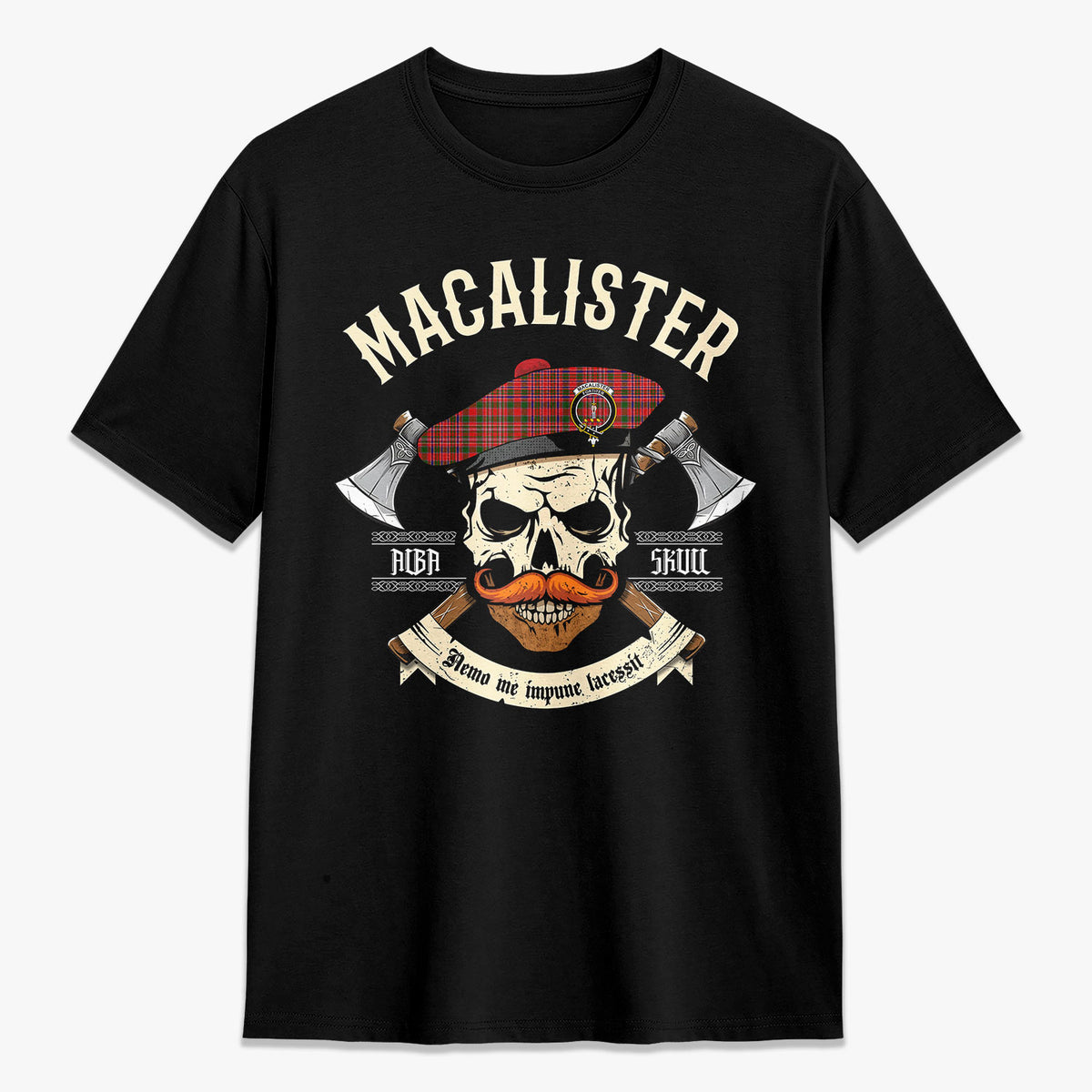 MacAlister Modern Tartan Crest 2D T-shirt - Alba Skull Style