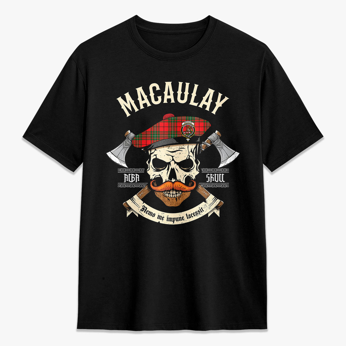 MacAulay Modern Tartan Crest 2D T-shirt - Alba Skull Style