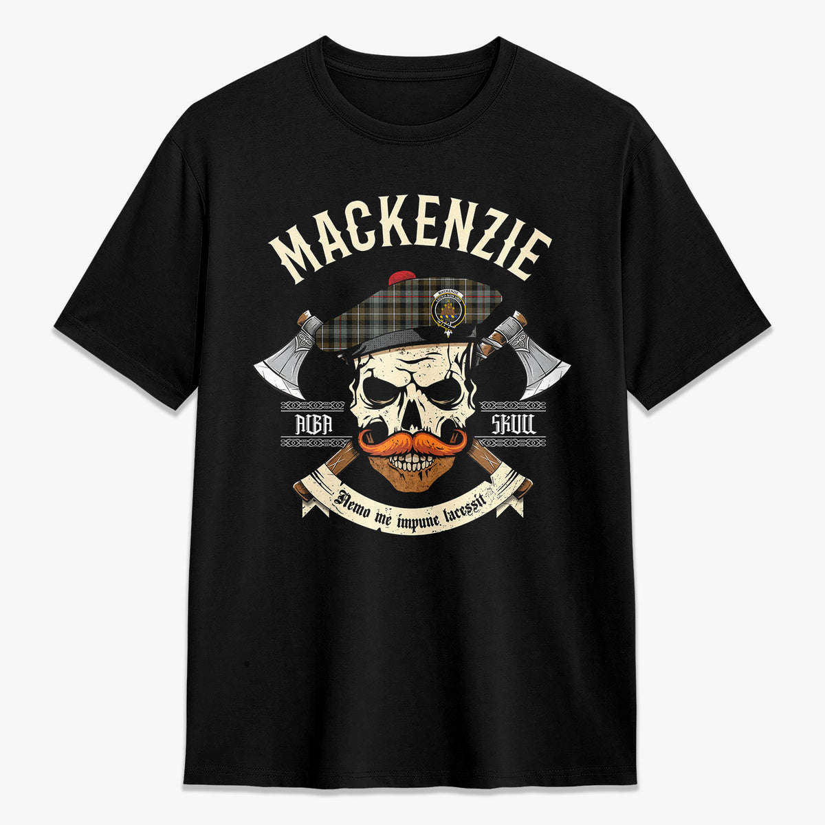 MacKenzie Weathered Tartan Crest 2D T-shirt - Alba Skull Style