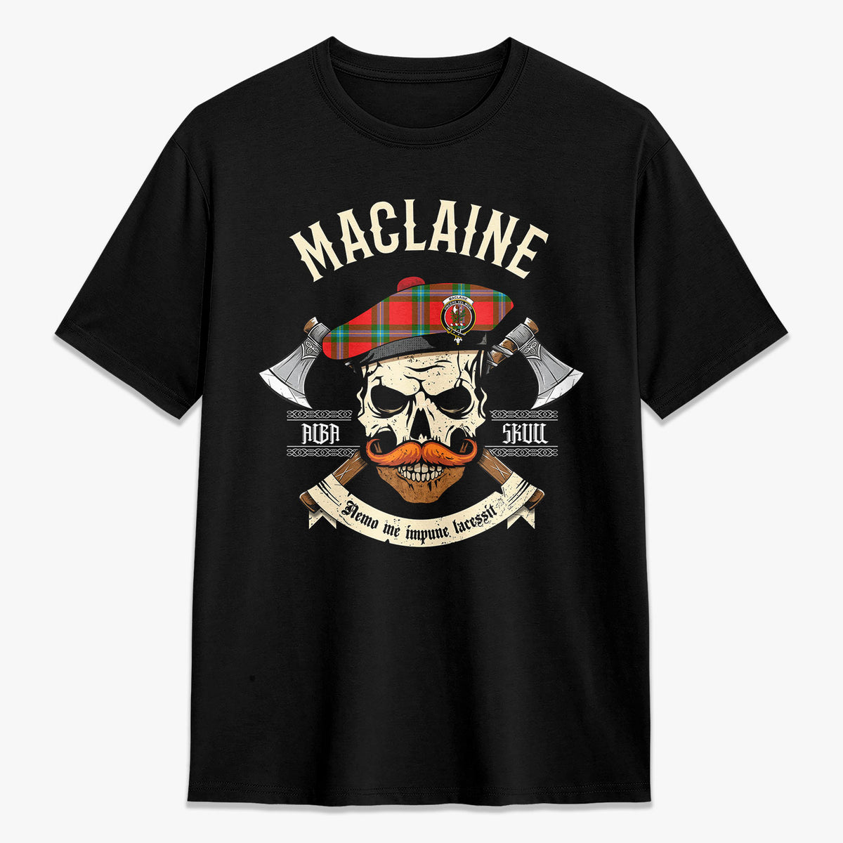 MacLaine of Loch Buie Tartan Crest 2D T-shirt - Alba Skull Style