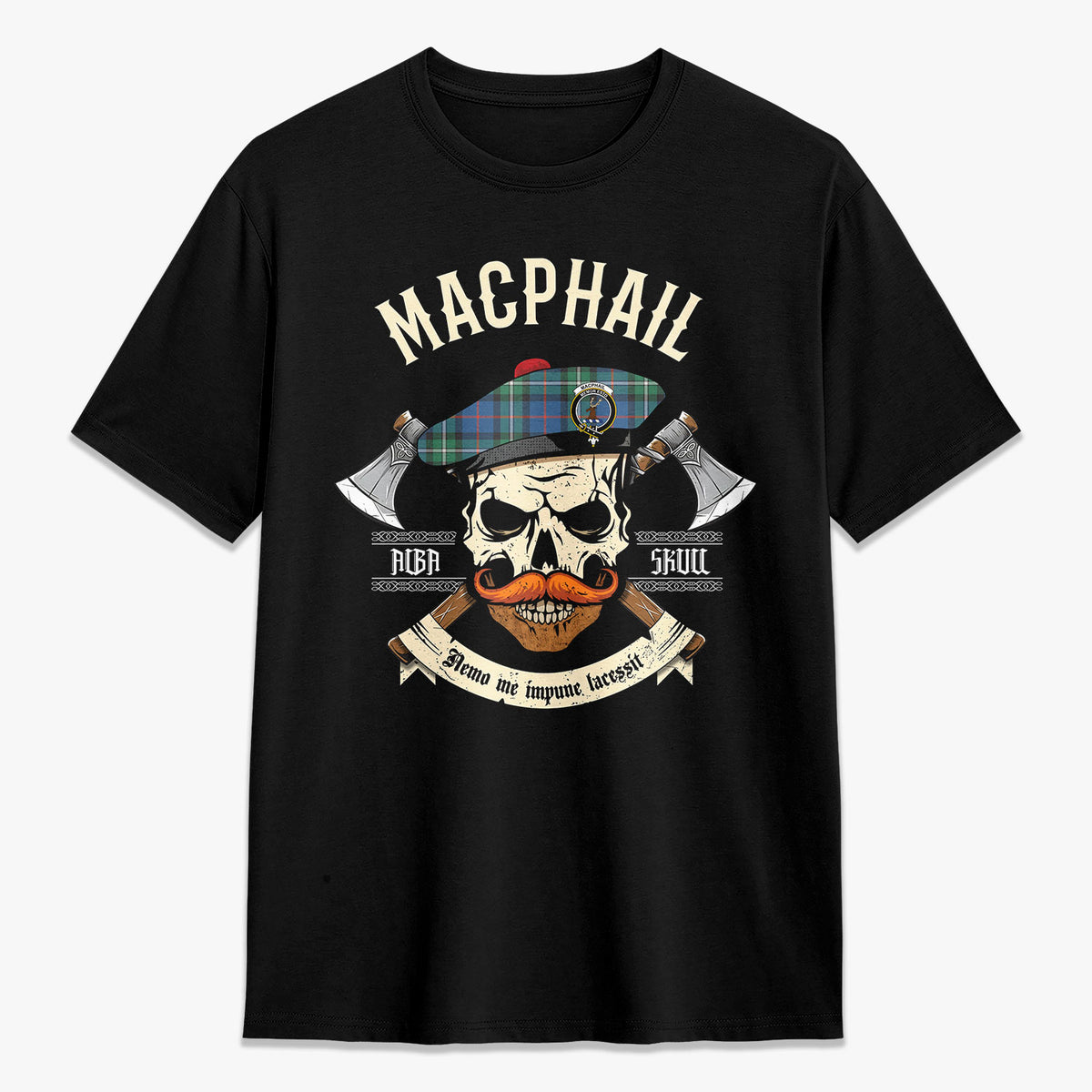 MacPhail Hunting Ancient Tartan Crest 2D T-shirt - Alba Skull Style