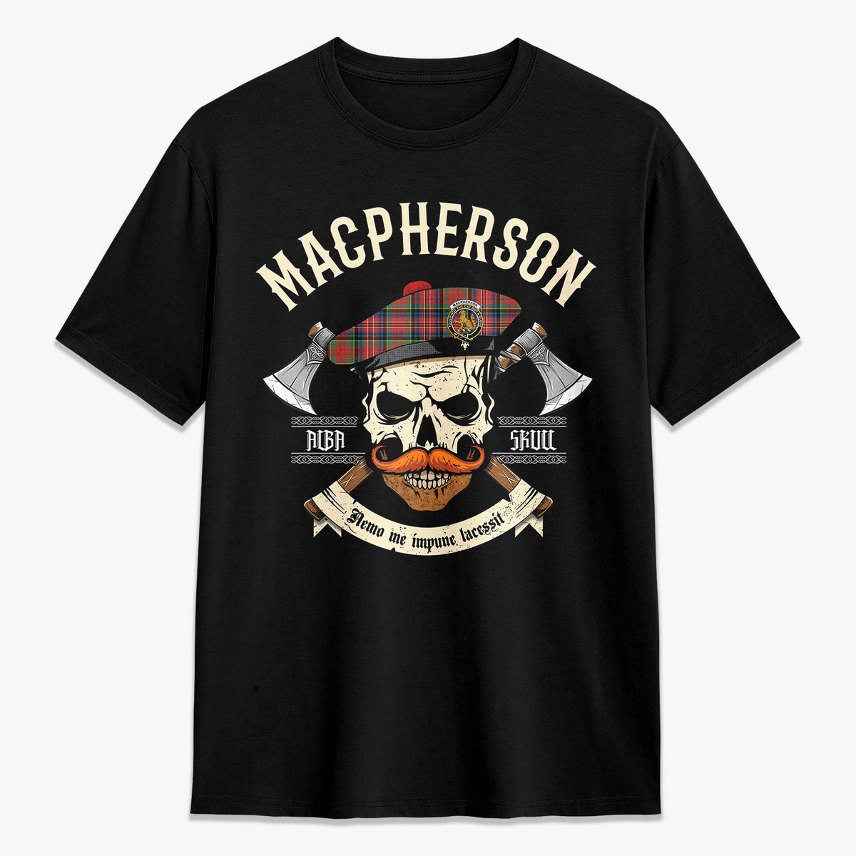 MacPherson Ancient Tartan Crest 2D T-shirt - Alba Skull Style