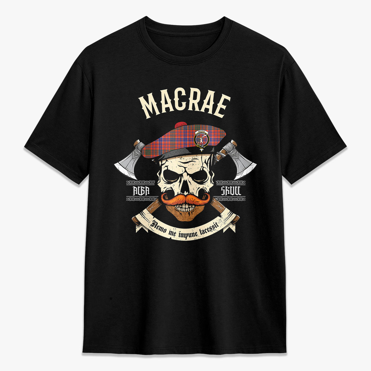 MacRae Ancient Tartan Crest 2D T-shirt - Alba Skull Style