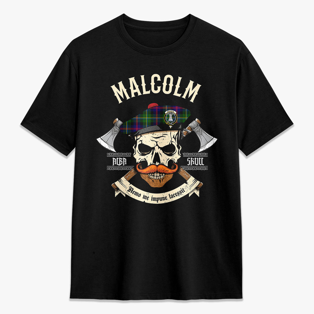 Malcolm (or MacCallum) Tartan Crest 2D T-shirt - Alba Skull Style