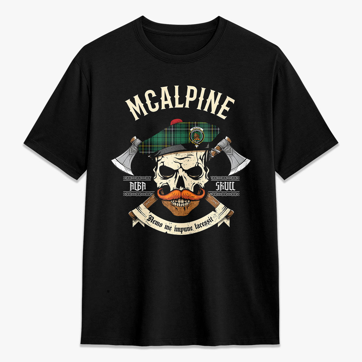 McAlpine Ancient Tartan Crest 2D T-shirt - Alba Skull Style