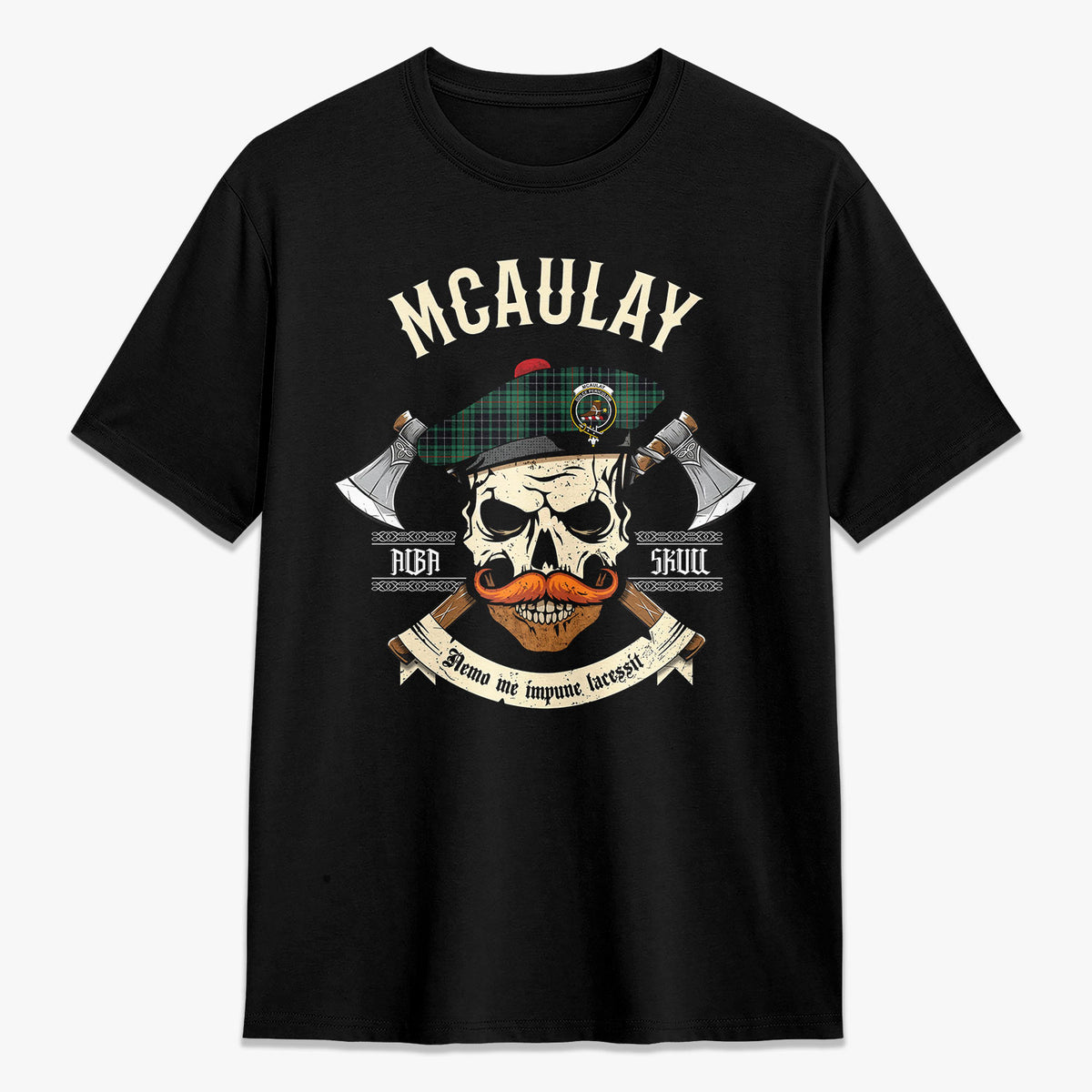 McAulay Hunting Ancient Tartan Crest 2D T-shirt - Alba Skull Style