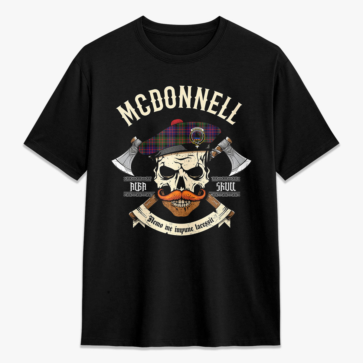 McDonnell of Glengarry Ancient Tartan Crest 2D T-shirt - Alba Skull Style