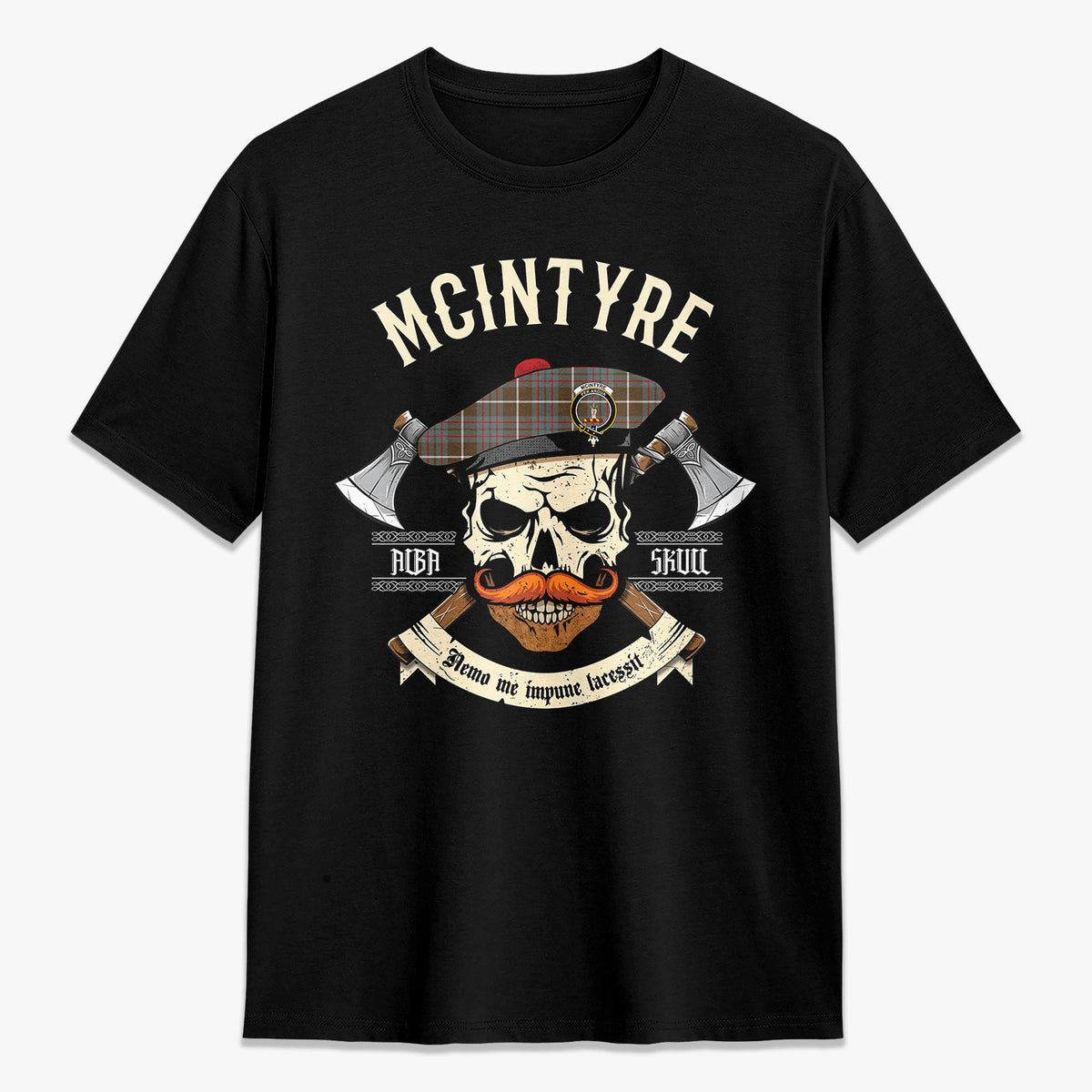 McIntyre Hunting Weathered Tartan Crest 2D T-shirt - Alba Skull Style