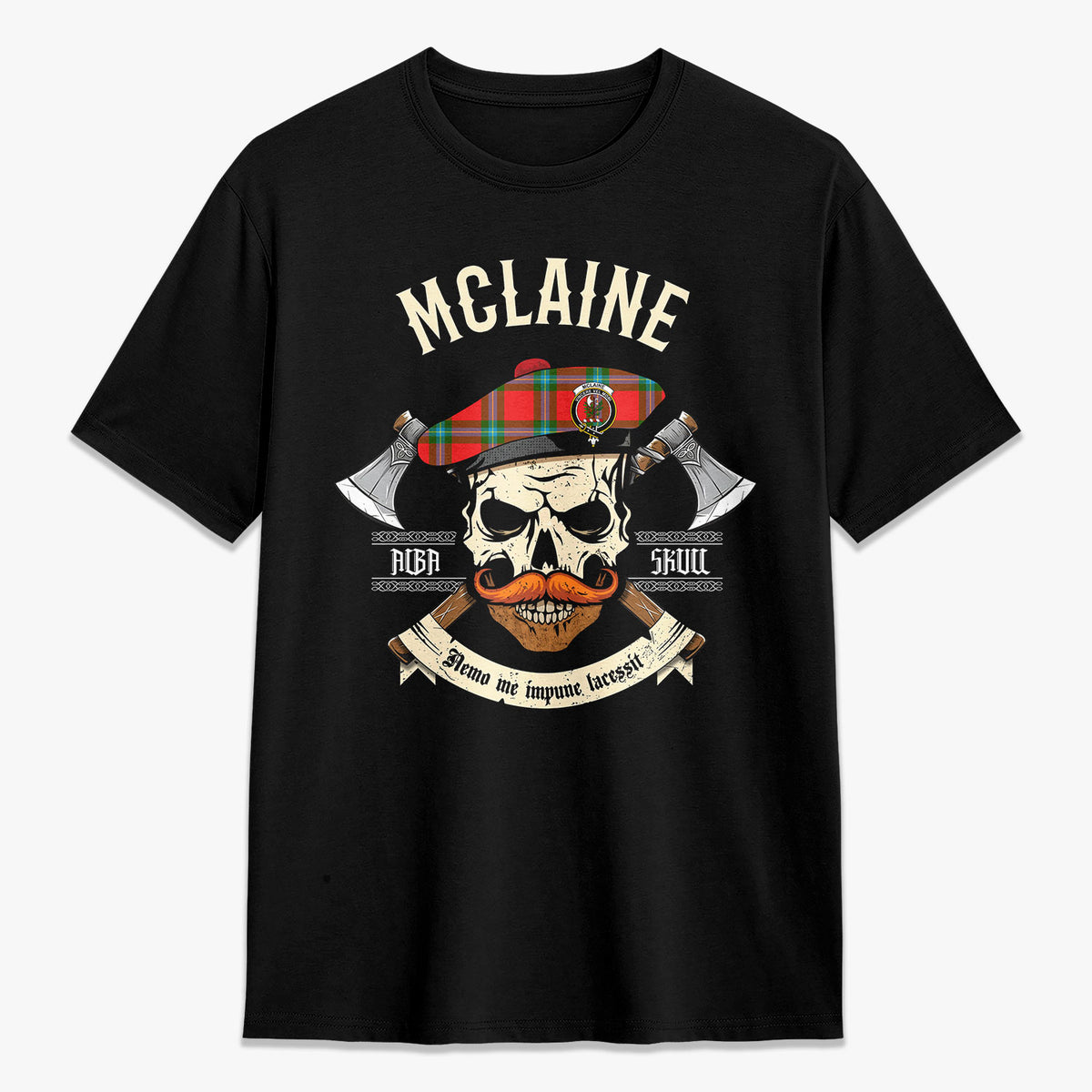 McLaine of Loch Buie Tartan Crest 2D T-shirt - Alba Skull Style