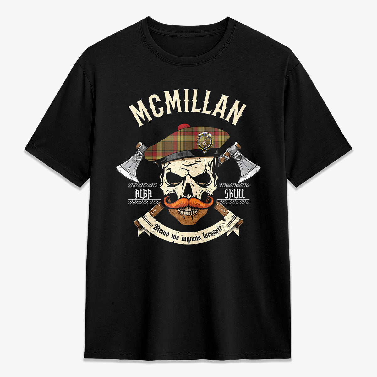 McMillan Old Weathered Tartan Crest 2D T-shirt - Alba Skull Style