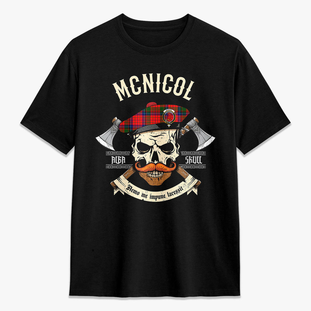 McNicol (of Scorrybreac) Tartan Crest 2D T-shirt - Alba Skull Style