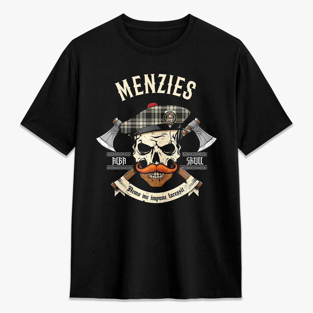 Menzies Black - White Ancient Tartan Crest 2D T-shirt - Alba Skull Style