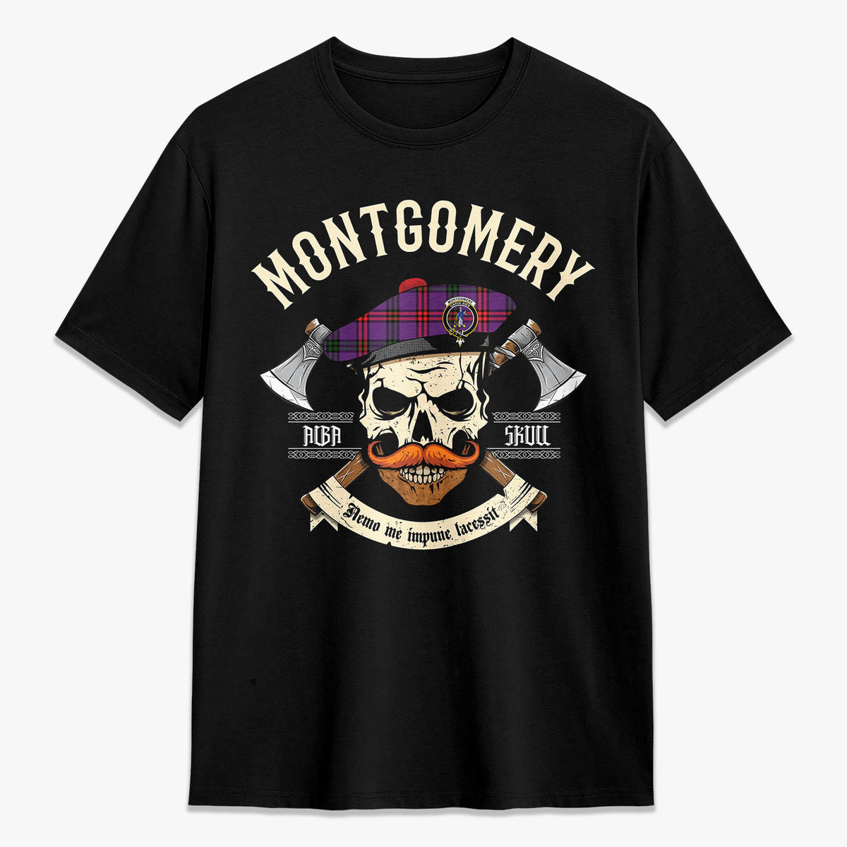 Montgomery Modern Tartan Crest 2D T-shirt - Alba Skull Style