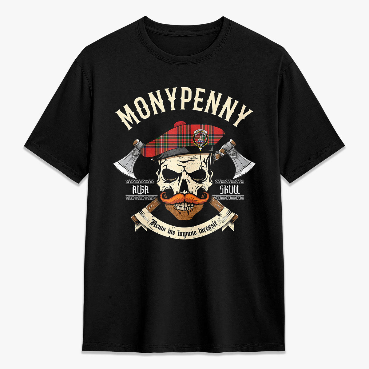 Monypenny Tartan Crest 2D T-shirt - Alba Skull Style