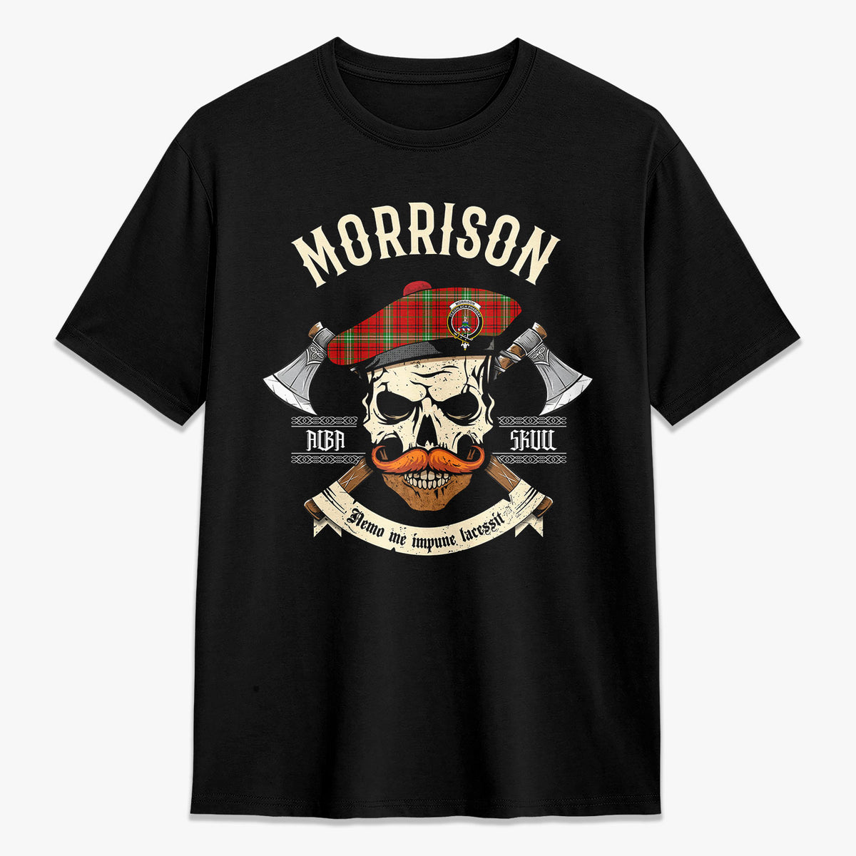 Morrison Red Modern Tartan Crest 2D T-shirt - Alba Skull Style