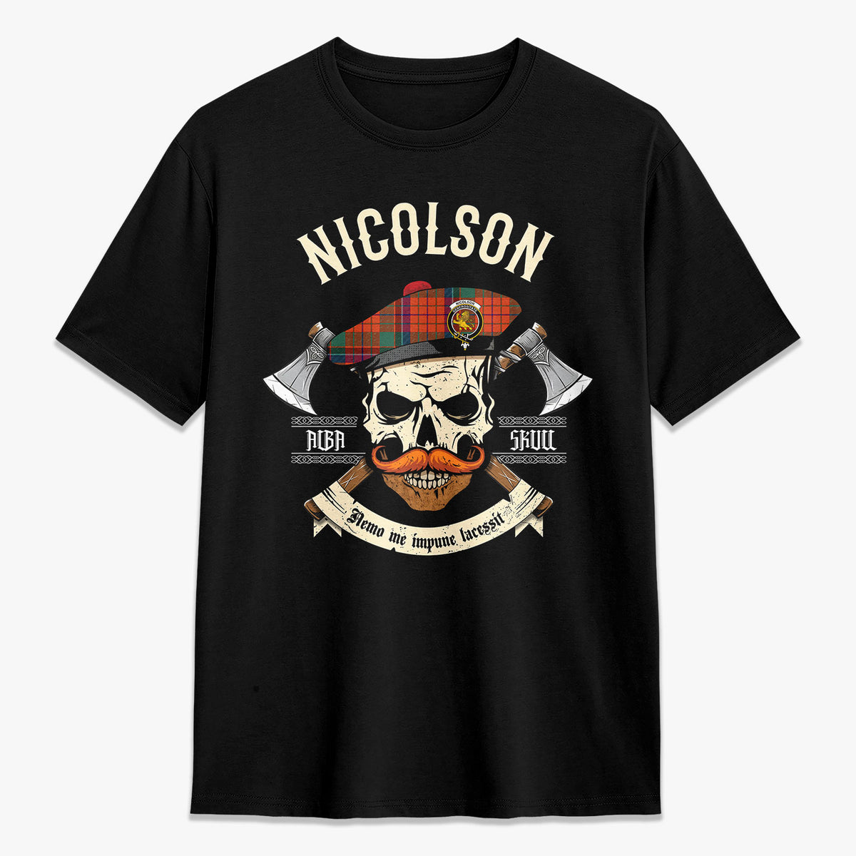 Nicolson Ancient Old Tartan Crest 2D T-shirt - Alba Skull Style