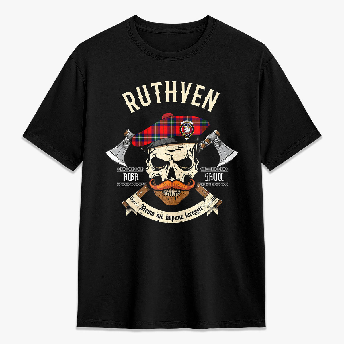 Ruthven Modern Tartan Crest 2D T-shirt - Alba Skull Style