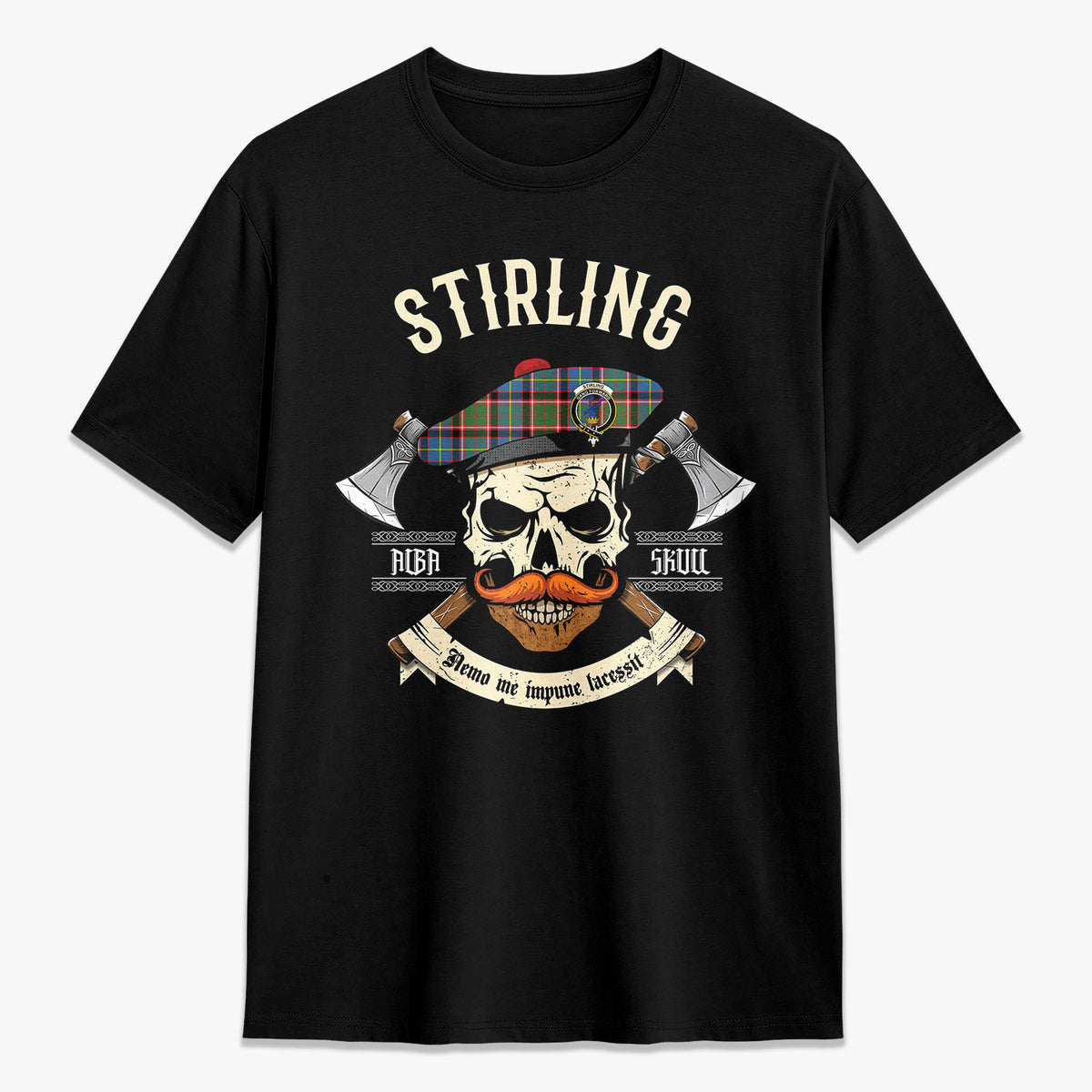 Stirling (of Cadder-Present Chief) Tartan Crest 2D T-shirt - Alba Skull Style