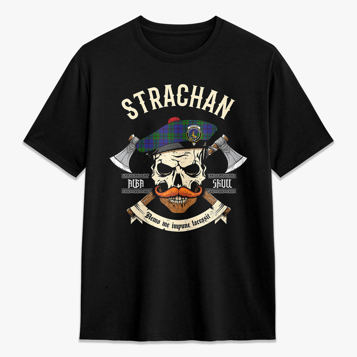 Strachan Tartan Crest 2D T-shirt - Alba Skull Style