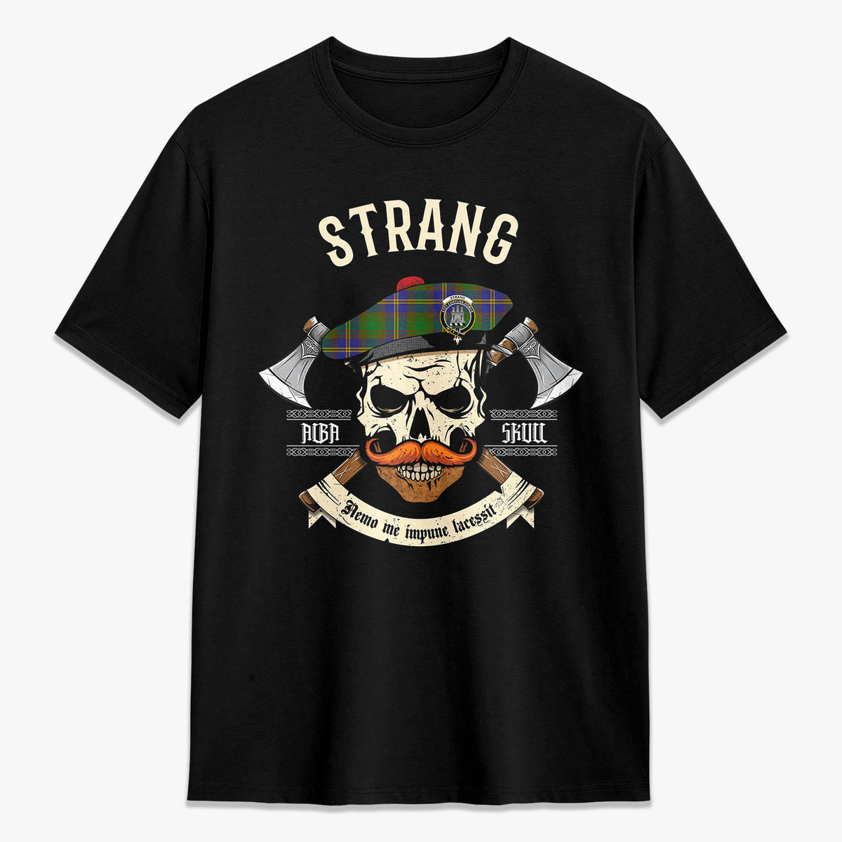 Strang (or Strange) Tartan Crest 2D T-shirt - Alba Skull Style