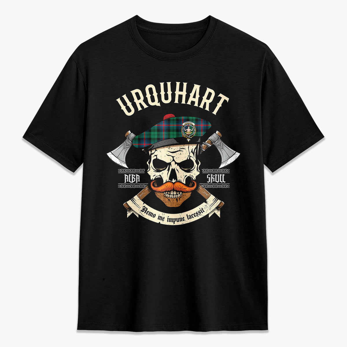 Urquhart Broad Red Ancient Tartan Crest 2D T-shirt - Alba Skull Style