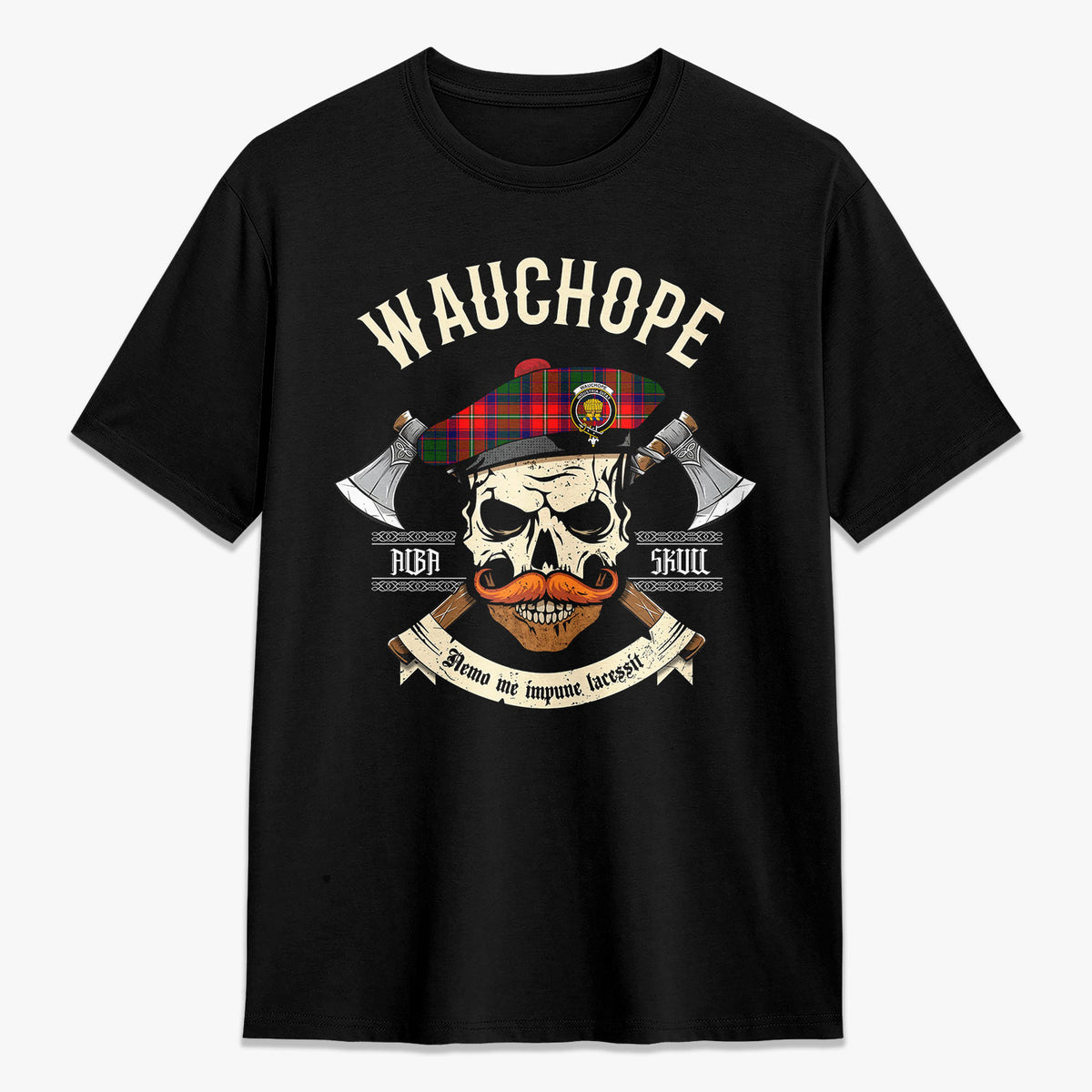 Wauchope (or Waugh) Tartan Crest 2D T-shirt - Alba Skull Style