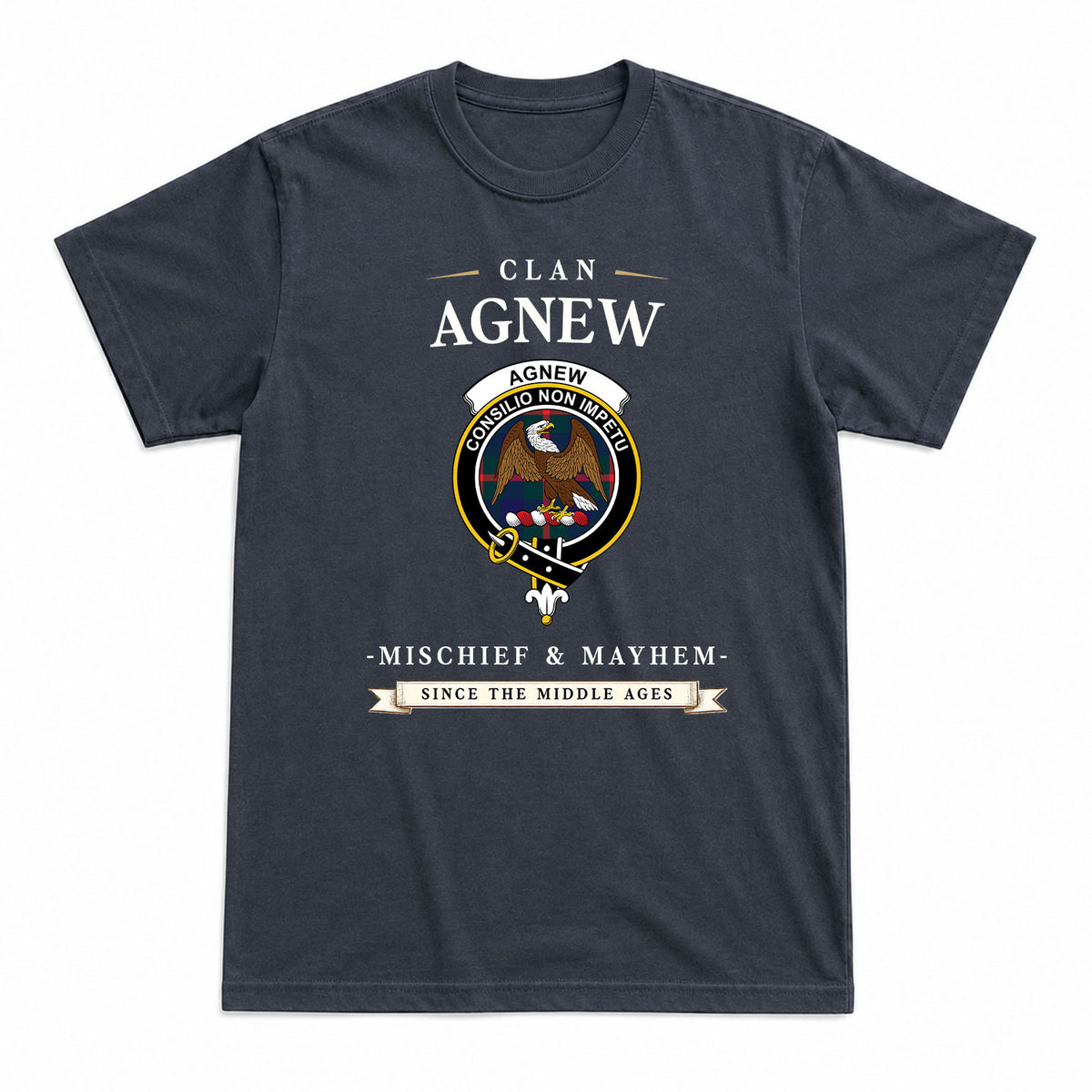 Agnew Modern Tartan Crest Mischief and Mayhem T-shirt