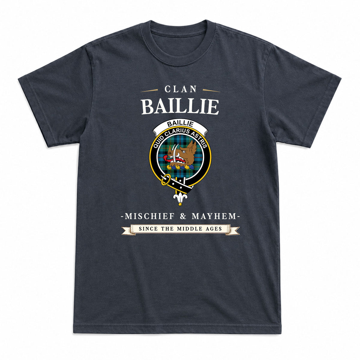Baillie Ancient Tartan Crest Mischief and Mayhem T-shirt