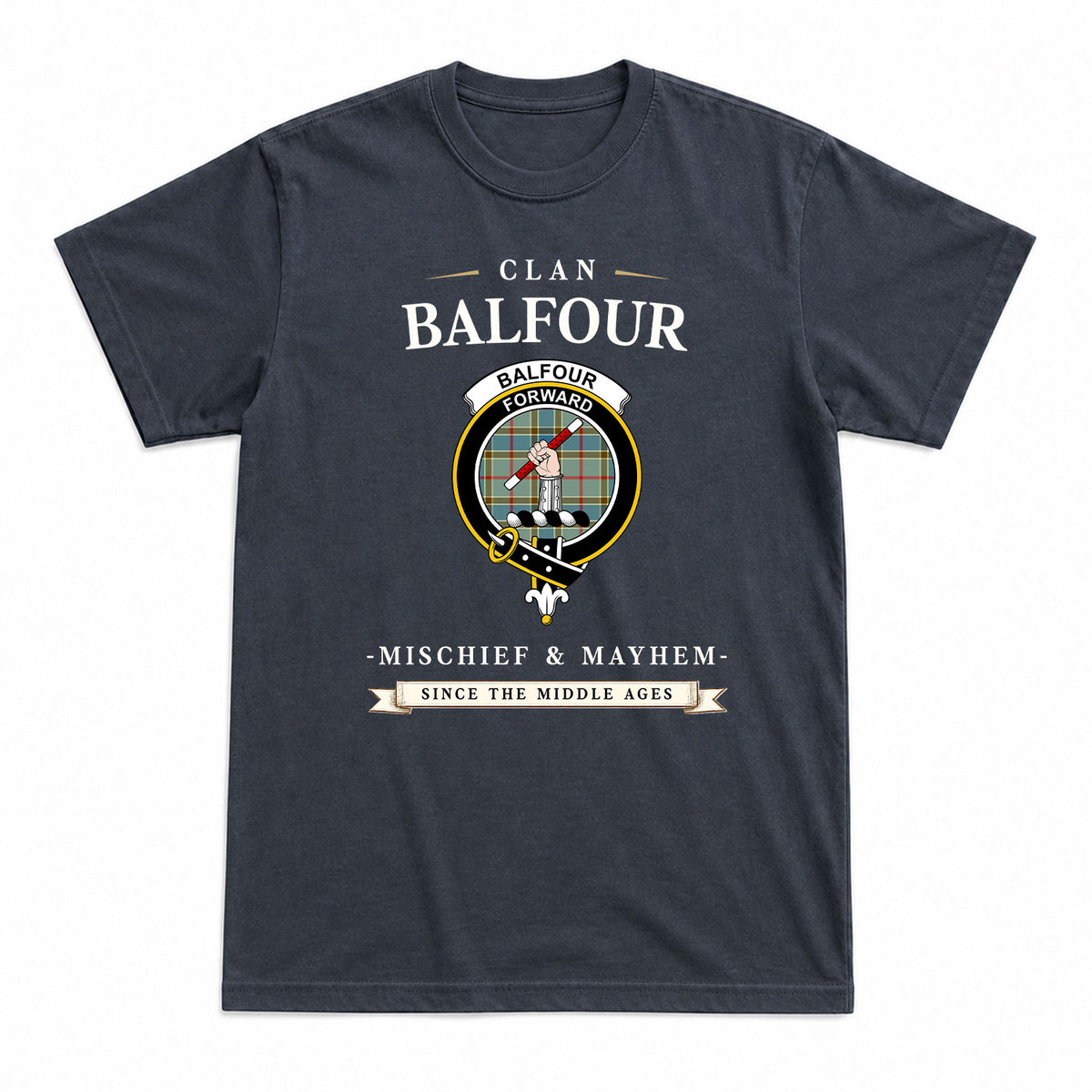 Balfour Blue Tartan Crest Mischief and Mayhem T-shirt