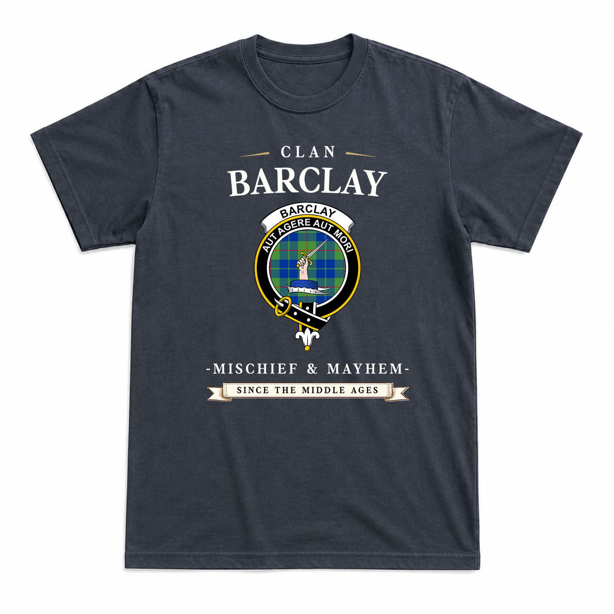 Barclay Hunting Ancient Tartan Crest Mischief and Mayhem T-shirt