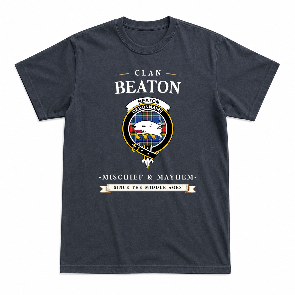 Beaton Modern Tartan Crest Mischief and Mayhem T-shirt