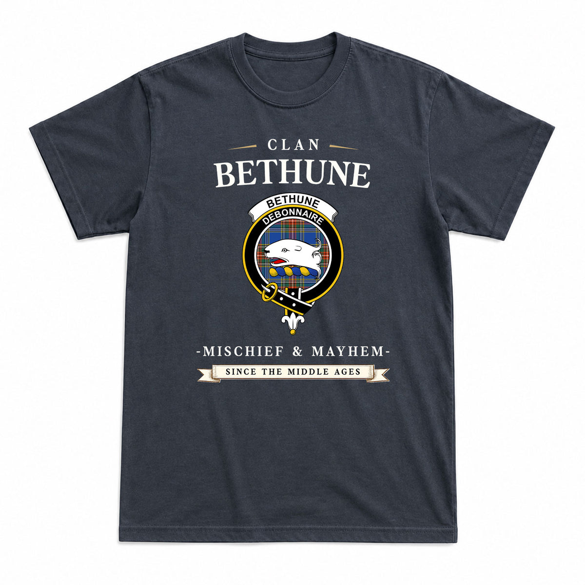 Bethune Ancient Tartan Crest Mischief and Mayhem T-shirt