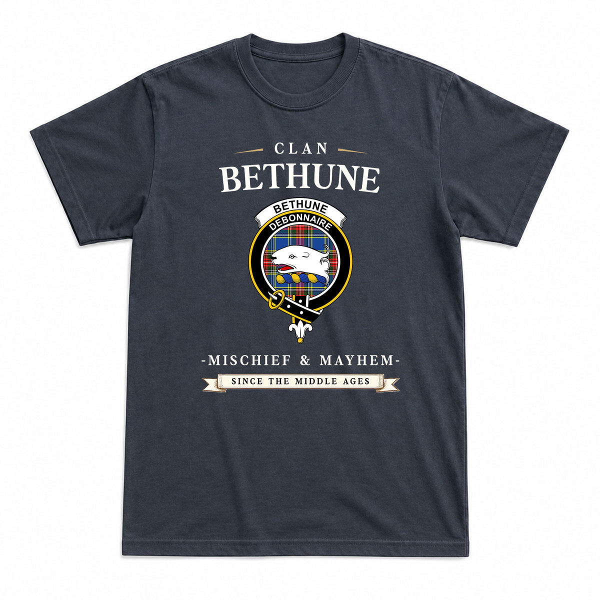 Bethune Modern Tartan Crest Mischief and Mayhem T-shirt