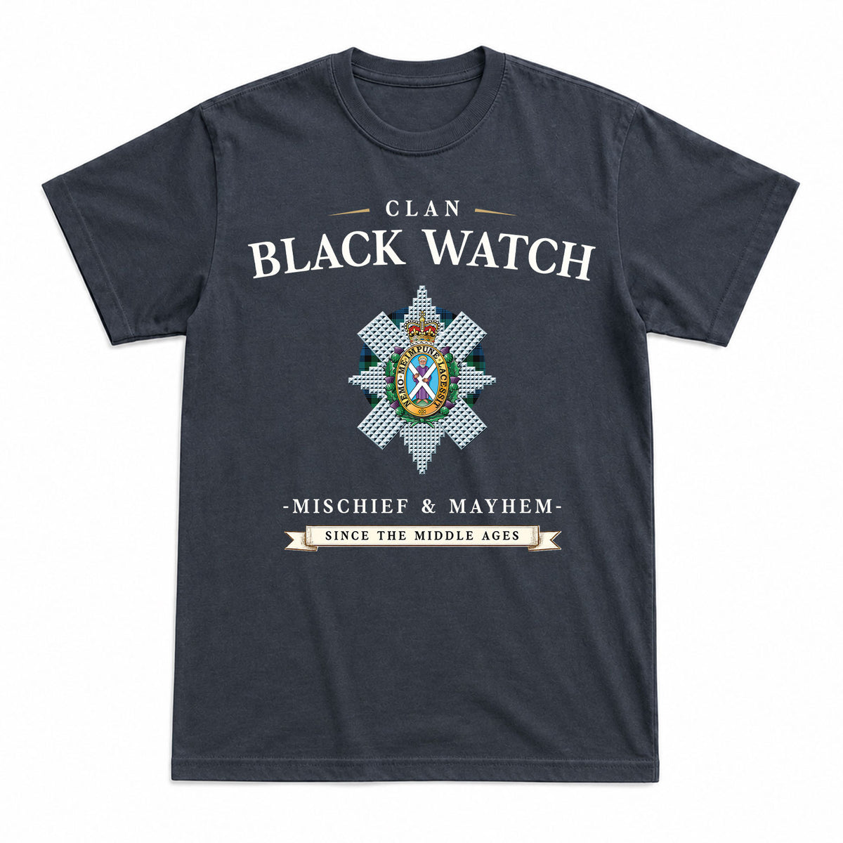 Black Watch Ancient Tartan Crest Mischief and Mayhem T-shirt